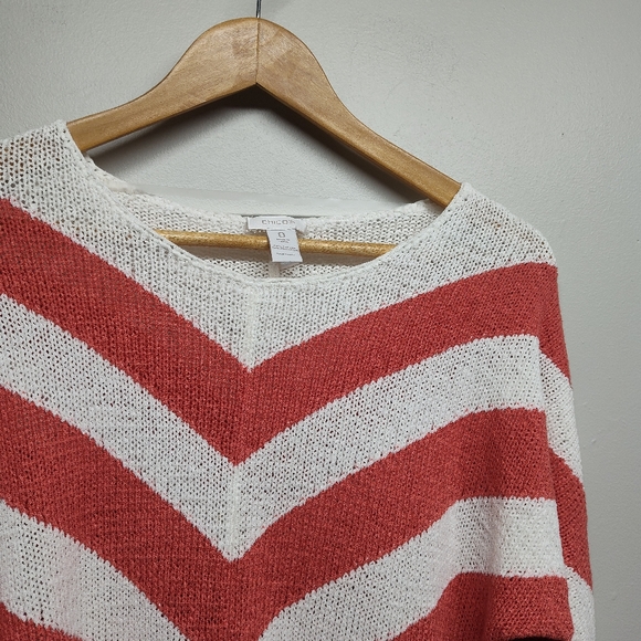 Chico's Knit Sweater Women Size 0 (XS) White Coral Red Stripes 3/4 Sleeve Fall - Picture 2 of 7